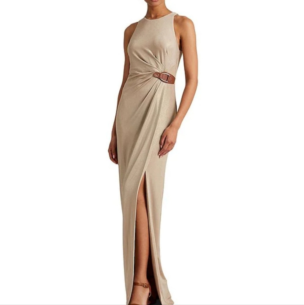 Lauren Ralph Lauren Metallic Sleeveless Side Leather Buckle Rucched  Wai…